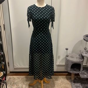 Navy and tan polka dress